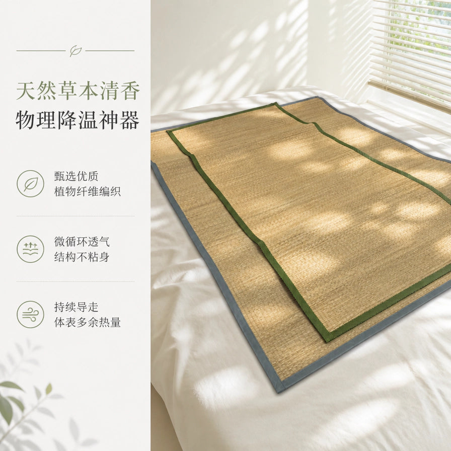 铺在床上的天然草席，左侧配有文字说明其天然草本清香、物理降温、透气不粘身等卖点。