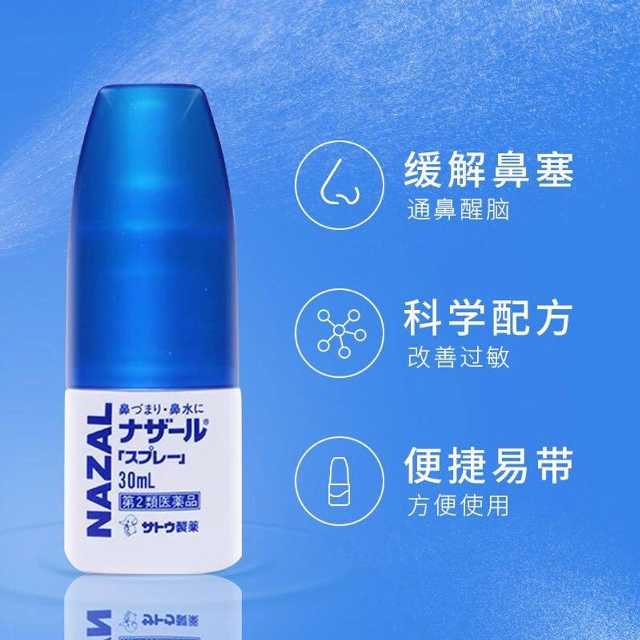 蓝色背景上的 NAZAL 鼻炎喷雾瓶身特写，右侧有缓解鼻塞、科学配方、便携易带等中文说明