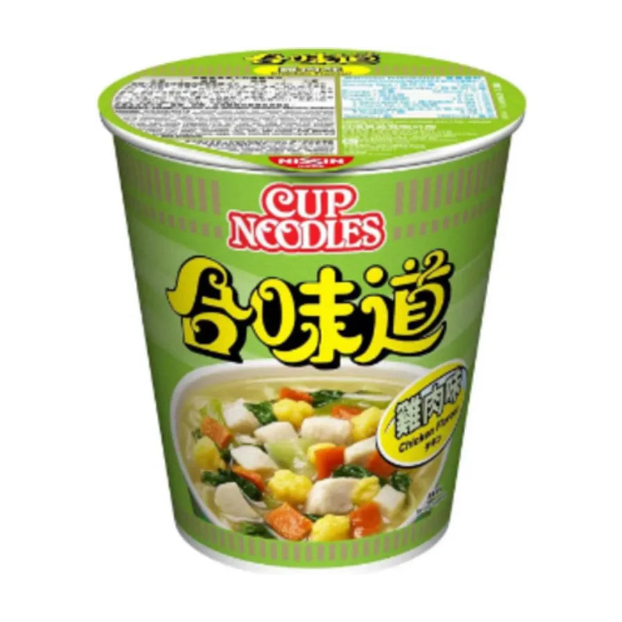 日清合味道鸡肉味杯面正面图，绿色杯身印有中文“合味道”字样及鸡肉蔬菜汤底图案。