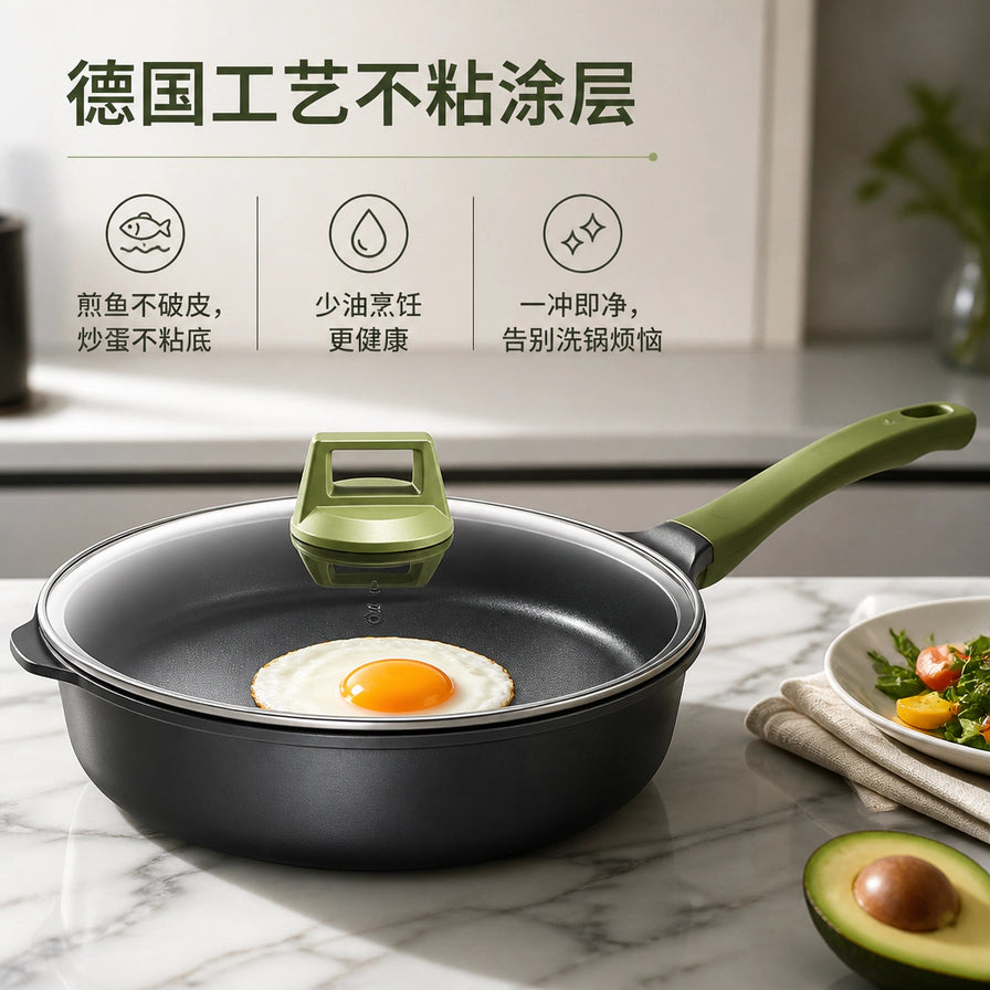 在厨房台面上煎蛋的深型不粘锅，上方带有德国工艺不粘涂层卖点文字。