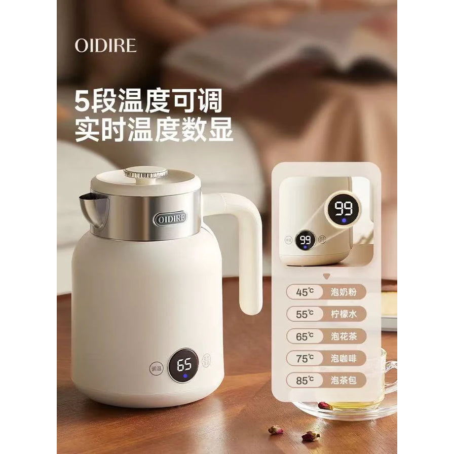 OIDIRE 恒温电水壶功能介绍图，展示5段温度调节及不同温度对应的冲泡建议，如泡奶粉、柠檬水、咖啡等。