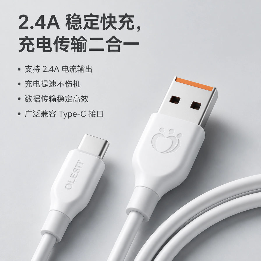 OLESIT Type - C 快充数据线接头细节图，配有中文说明文字强调 2.4A 稳定快充与充电传输二合一功能。