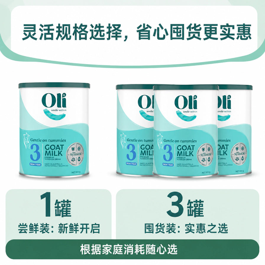 Oli6 3段羊奶粉 1罐尝鲜装与 3罐囤货装的对比展示图，带有中文规格选择说明