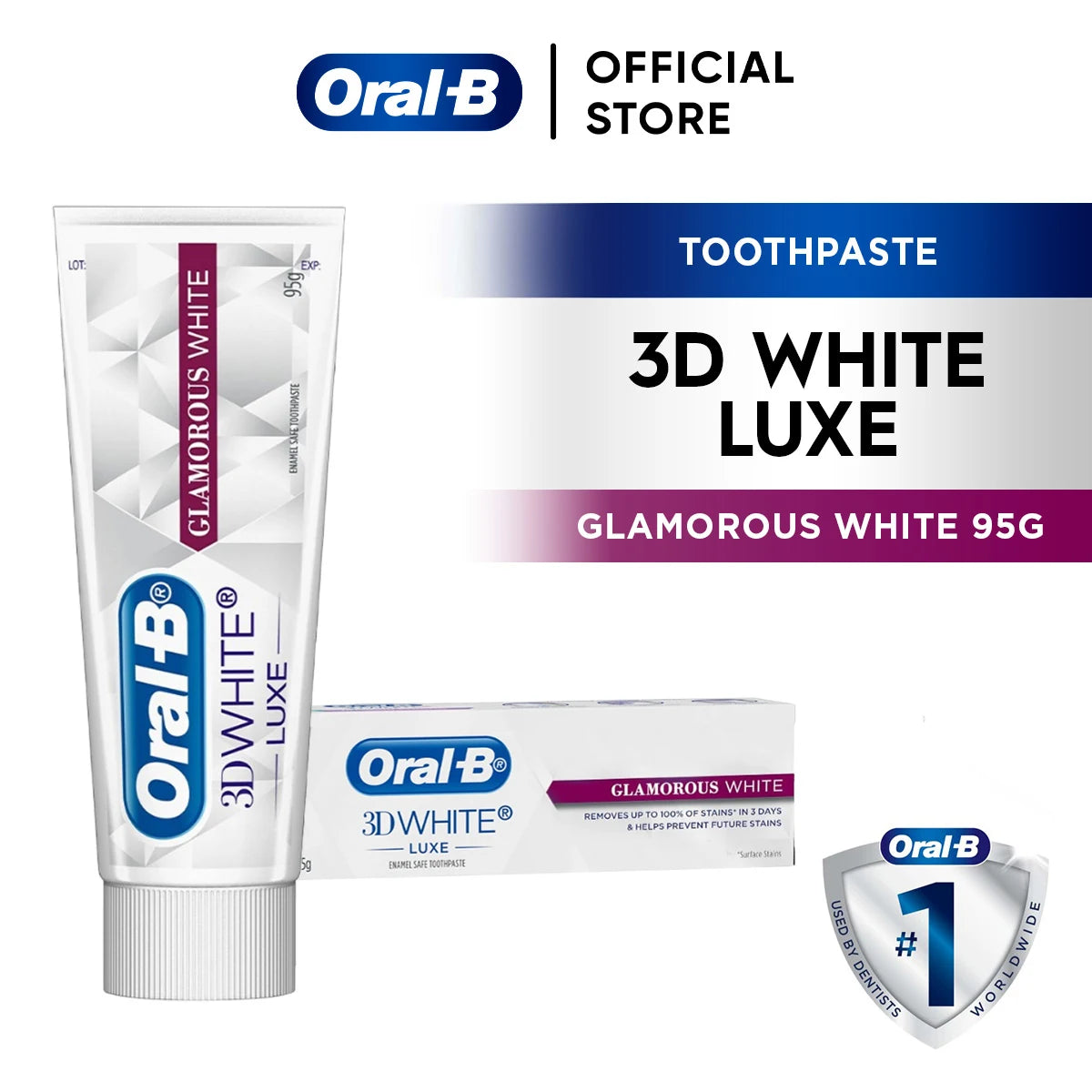 欧乐 B 3D White Luxe 牙膏产品组合图，包含品牌标识、产品名称及牙医推荐徽章。