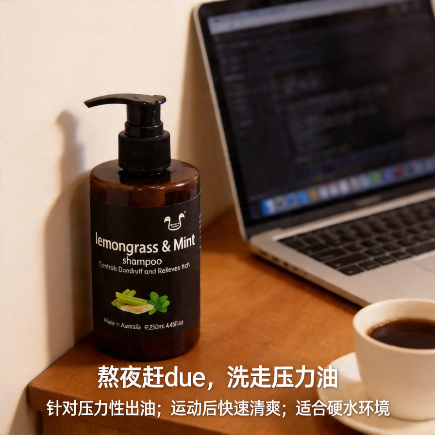 书桌场景下的洗发水实拍图，旁边有笔记本电脑和咖啡，底部印有熬夜赶 due 洗走压力油的中文标语。