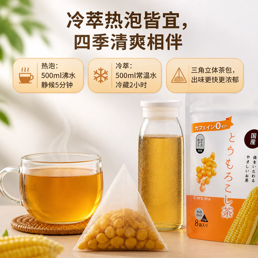OSK玉米茶冲泡场景图，展示了三角立体茶包、热泡杯、冷萃瓶，并附有冷热泡法说明文字。