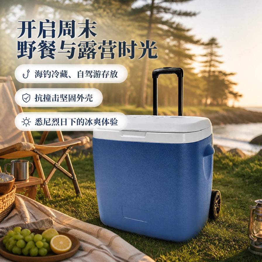 夕阳下的户外露营场景，蓝色保温箱放置在草地上，周围有野餐垫和水果，配有开启周末野餐时光的文字。