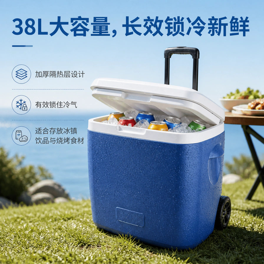 海边草地上的蓝色保温箱，半开的盖子露出内部冰块和罐装饮料，配有38L大容量和长效锁冷卖点文字。