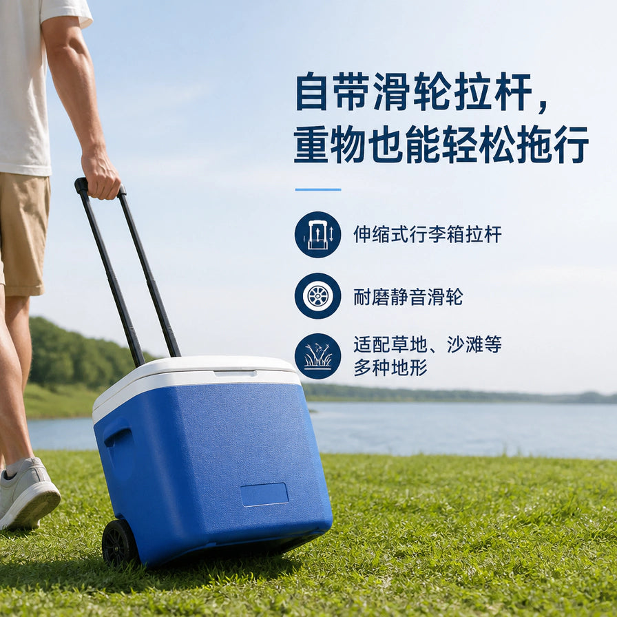 一人正在草地上拉着蓝色保温箱行走，展示其自带滑轮拉杆、轻松拖行重物的便携特性。