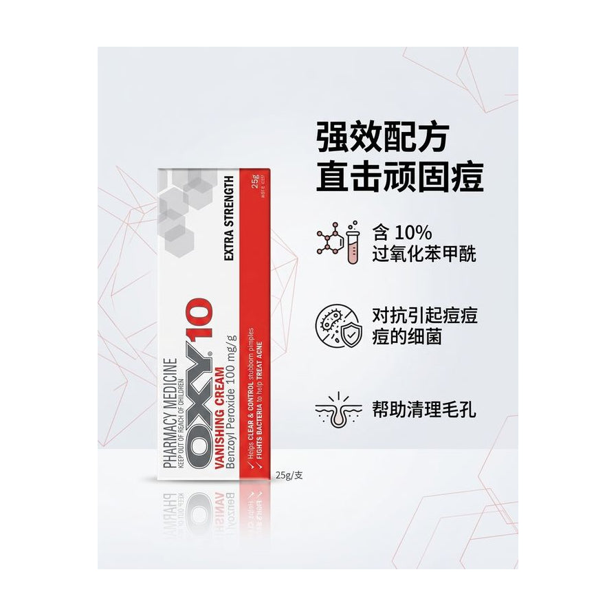 OXY 10 祛痘膏营销海报，包含中文卖点说明、成分图标及功效图示。