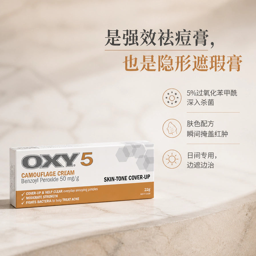 OXY 5 遮瑕祛痘膏场景图，左下展示盒装，右侧有中文卖点文字和图标，画面可见强效祛痘膏、隐形遮瑕膏、日间专用等字样