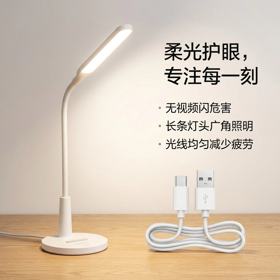 在木质书桌上开启的松下护眼台灯，光线均匀柔和，旁边配有USB充电线，强调无视频闪危害。