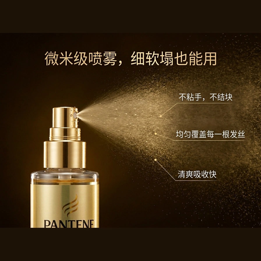 潘婷护发油喷头特写，展示微米级细腻喷雾效果及中文卖点说明。