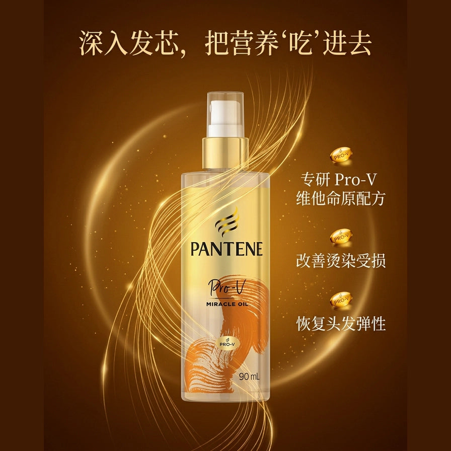 潘婷护发精油产品海报，背景含光效线条，右侧列有中文修护功效说明。