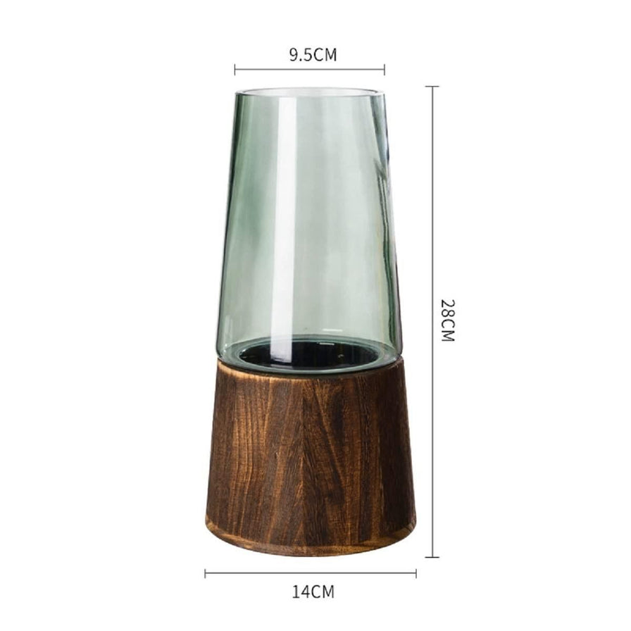 塔形玻璃花瓶的尺寸标注图，显示高度为28cm，底部直径14cm，瓶口直径9.5cm。