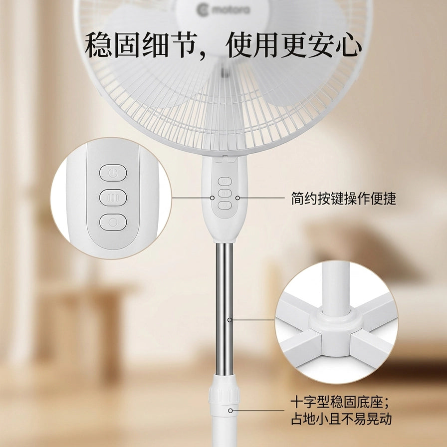 落地扇细节展示图，包含控制面板的简约按键操作说明和十字型稳固底座的特写，配有中文功能标注。