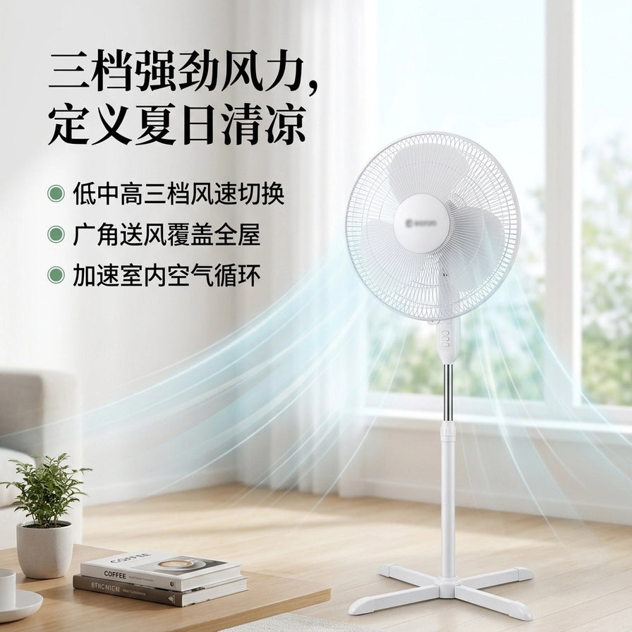 在明亮的客厅场景中，白色落地扇正在运行，配有三档风力切换、广角送风和加速空气循环的中文卖点说明。