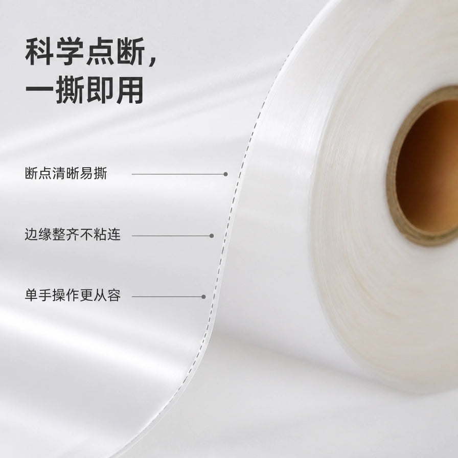 保鲜袋断点设计近景，配有文字说明：科学点断一撕即用、边缘整齐不粘连、单手操作更从容。