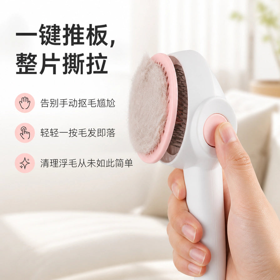 宠物除毛梳手持近景，梳头上带有毛发，左侧显示“一键推板，整片撕拉”等中文卖点文字