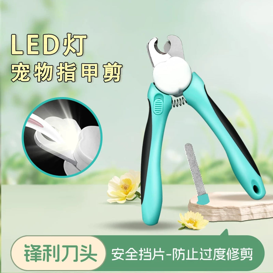 宠物指甲剪展示图，带LED灯照明和防过度修剪说明文字