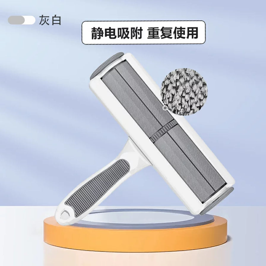 灰白色宠物粘毛器悬浮展示，画面上方有“静电吸附 重复使用”文字