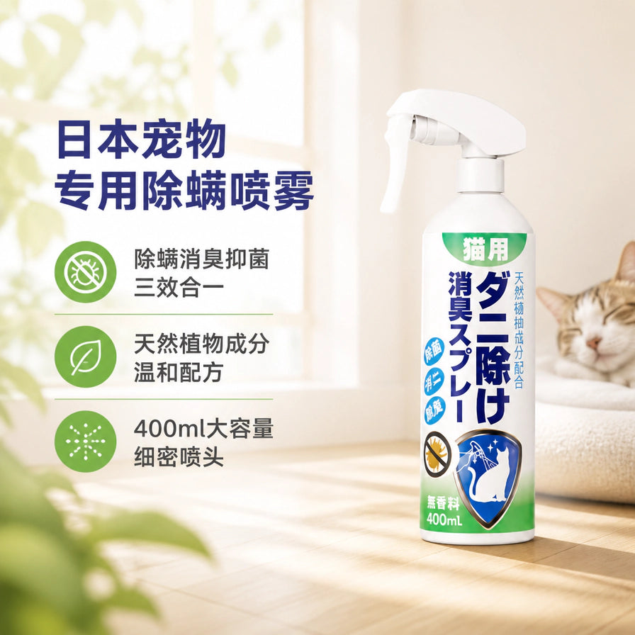 室内场景中一瓶宠物除螨喷雾摆在地板上，旁边有休息的猫，左侧展示除螨、天然成分和400ml大容量文字