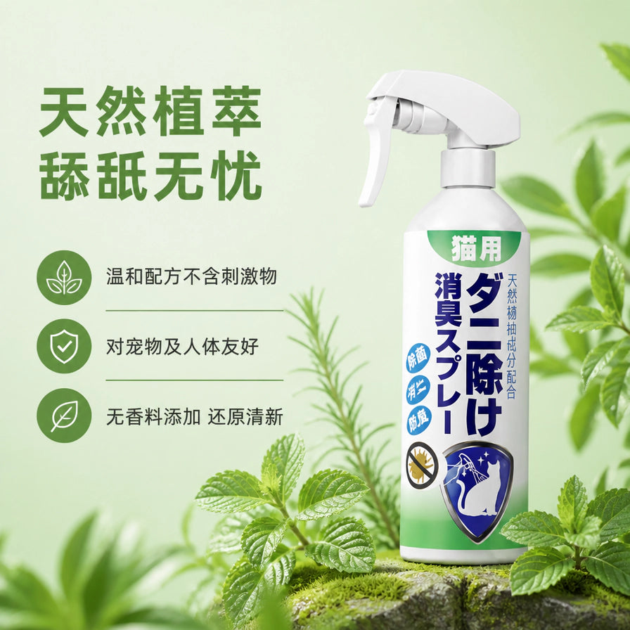 绿色植物背景中一瓶宠物除螨喷雾立放展示，左侧有天然植物配方、无刺激和无香料等文字