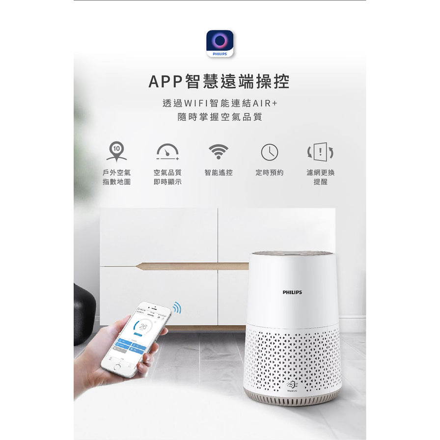 展示手机 APP 智慧远端操控功能，包含空气品质显示、智能遥控和定时预约