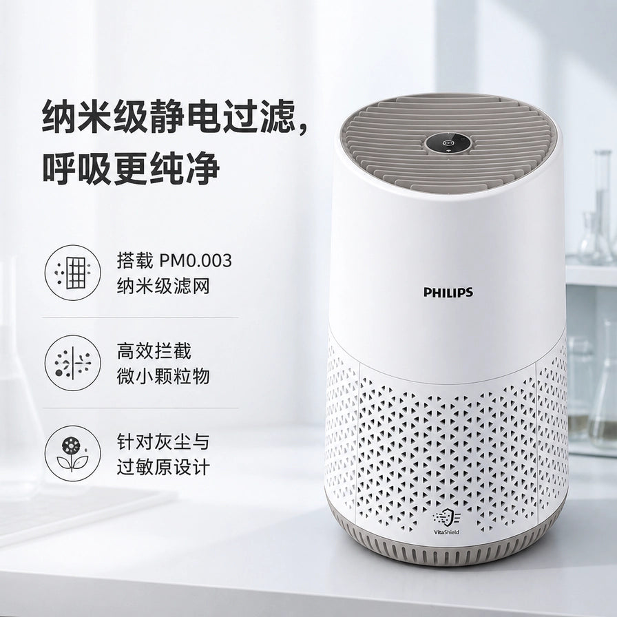 飞利浦空气净化器搭载 PM0.003 纳米级静电滤网，高效拦截微小颗粒物