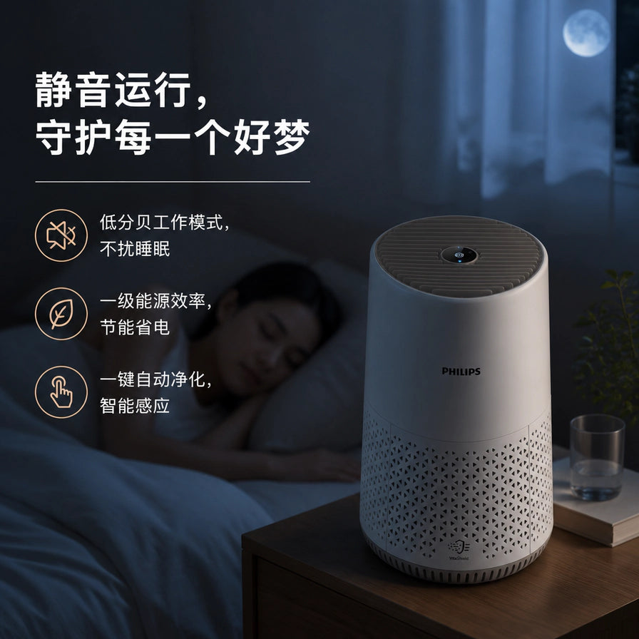夜间模式下的飞利浦空气净化器，强调静音运行、节能省电和一键自动净化