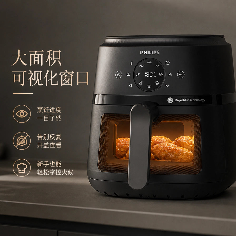 飞利浦空气炸锅卖点图，展示大面积可视化窗口及烹饪进度一目了然等中文说明。