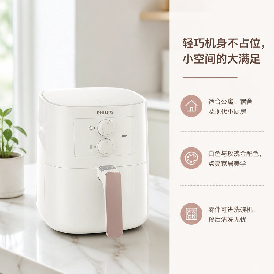 飞利浦气炸锅设计卖点图，强调轻巧机身不占位，白色与玫瑰金配色，零件可进洗碗机。