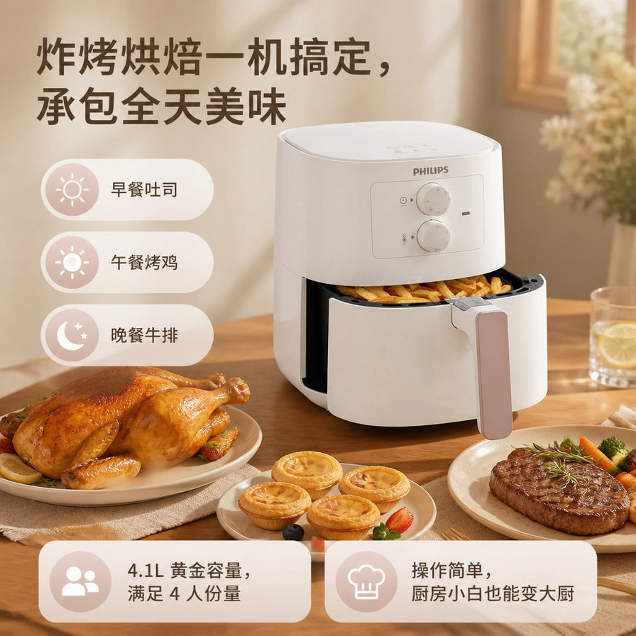 飞利浦气炸锅多功能展示图，周围摆放着烤全鸡、蛋挞和牛排，标注 4.1L 黄金容量。