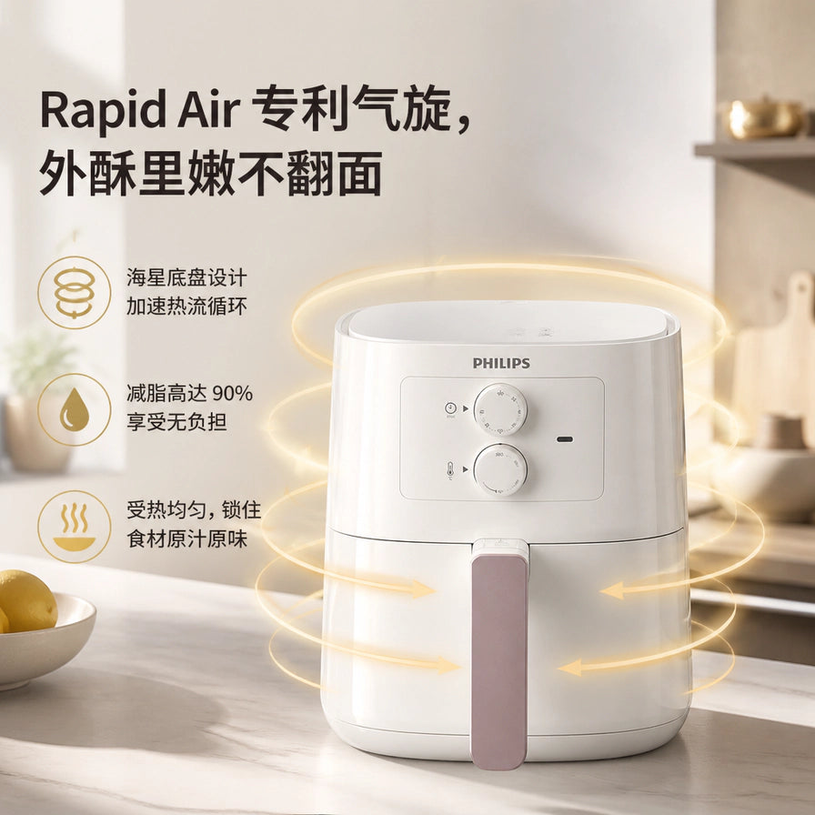 飞利浦气炸锅卖点图，展示 Rapid Air 专利气旋技术，标注减脂 90% 及受热均匀等中文说明。