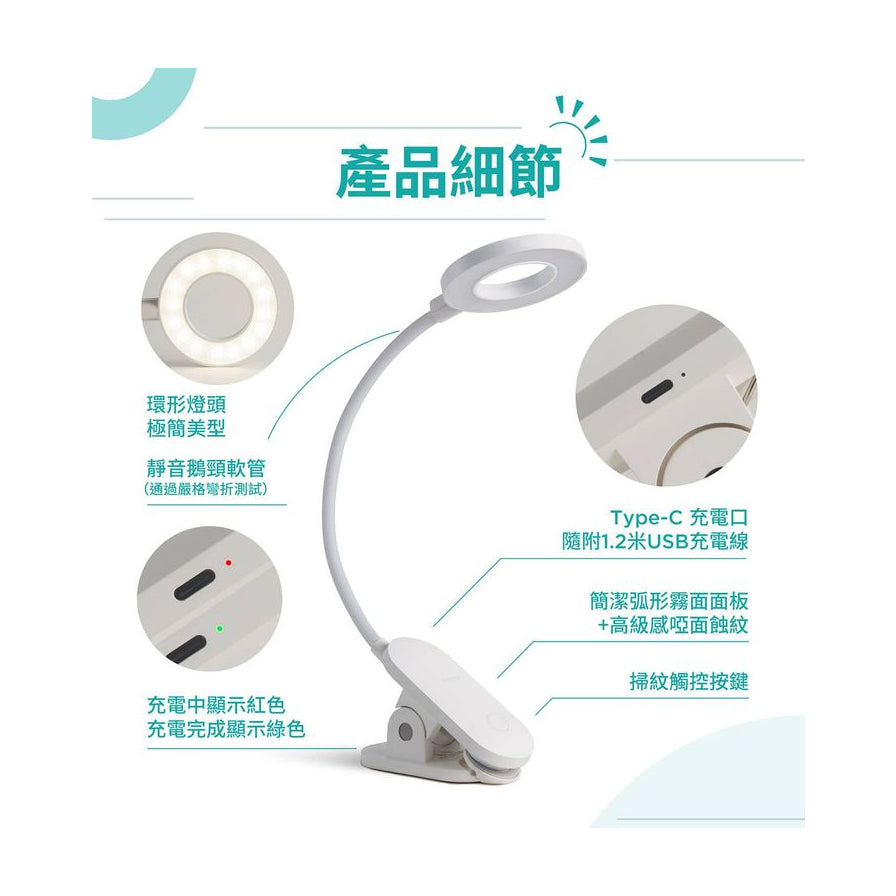 飞利浦护眼灯产品细节拆解图，标注环形灯头、鹅颈软管、Type - C充电口及触控按键等细节说明。