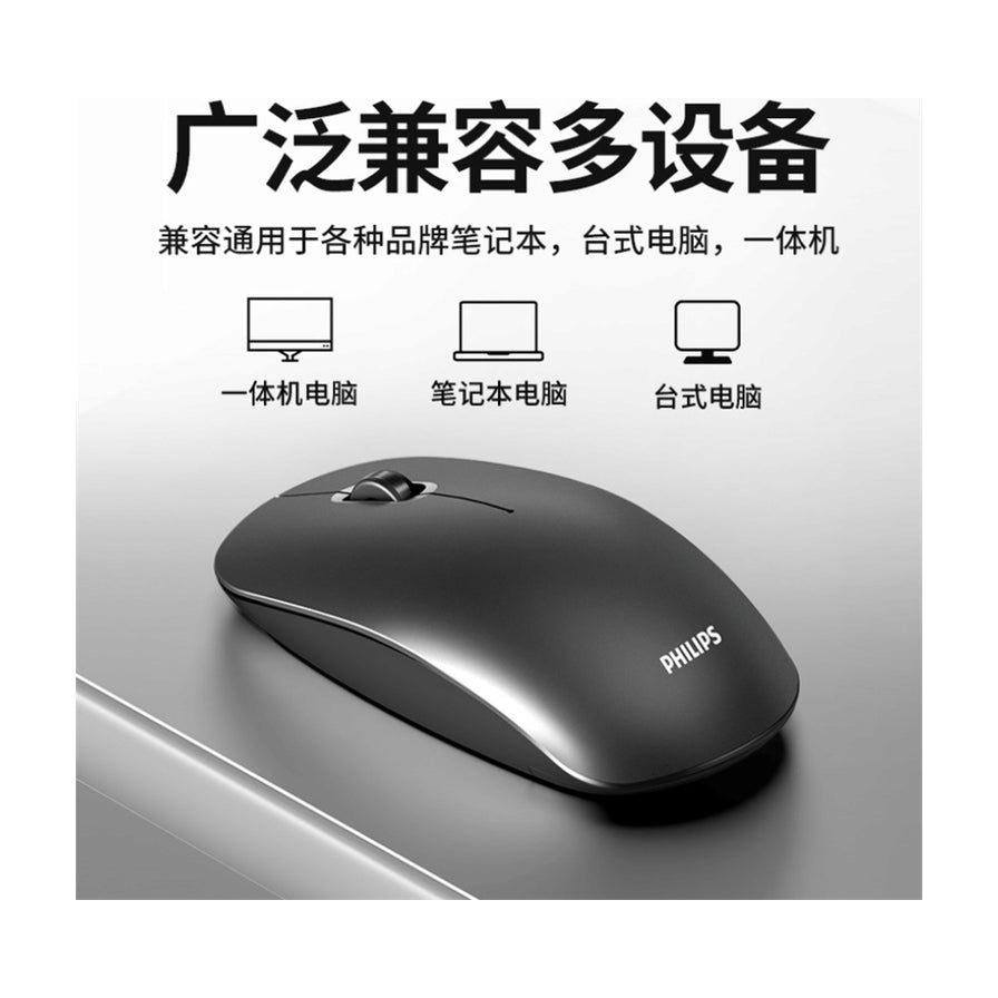 飞利浦无线鼠标侧视图，上方配有中文说明文字，展示其广泛兼容一体机、笔记本和台式电脑。