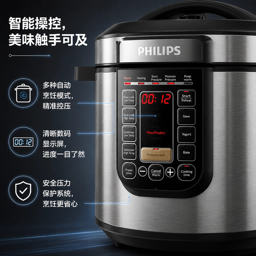 飞利浦压力锅控制面板细节图，配有中文说明：智能操控、多种自动烹饪模式、清晰数码显示屏、安全压力保护系统。