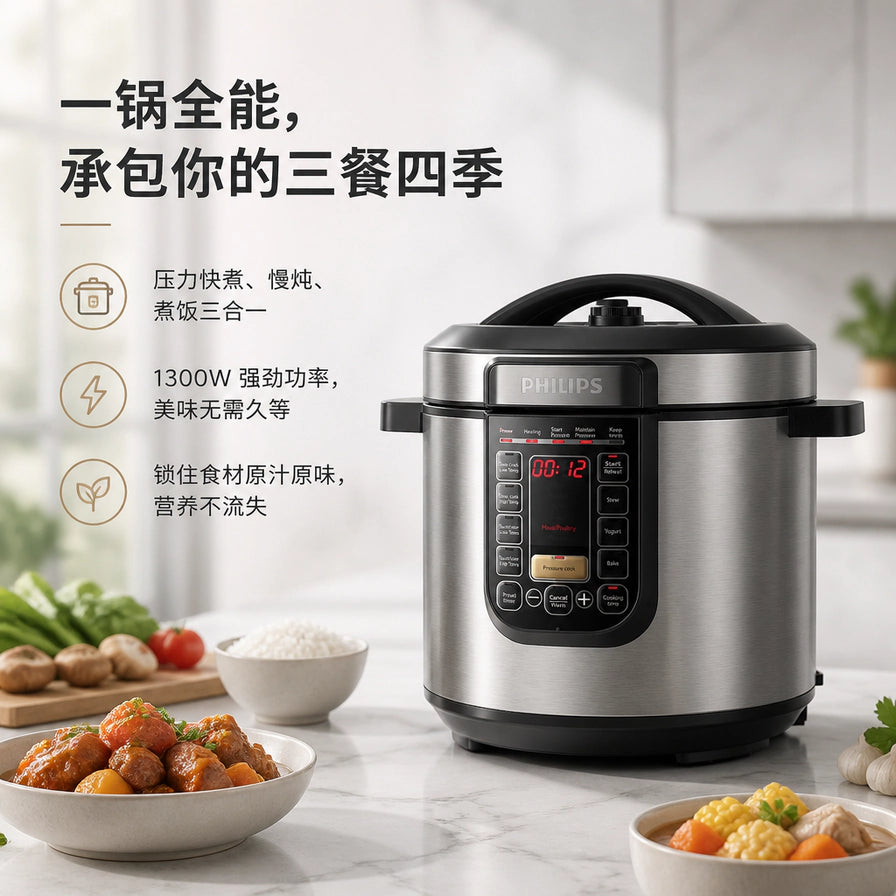 厨房场景中的飞利浦压力锅，配有中文卖点文字：一锅全能、1300W强劲功率、锁住原汁原味，前景摆放着炖肉和米饭。