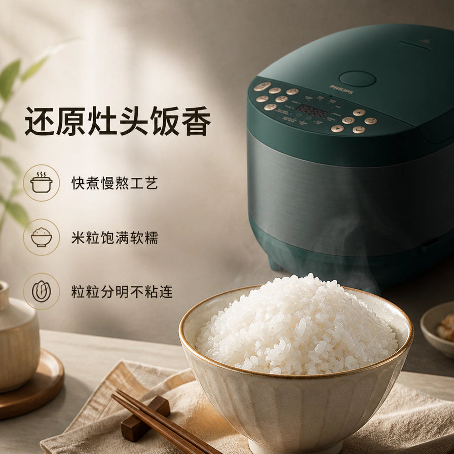 飞利浦电饭煲卖点图，展示一碗晶莹剔透的米饭，配有还原灶头饭香、快煮慢熬工艺等中文说明。