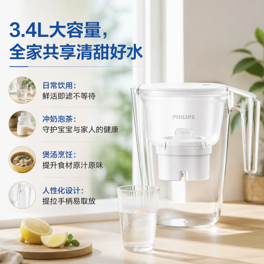 飞利浦3.4L大容量滤水壶在厨房场景中的应用，展示日常饮用、冲奶泡茶、煲汤烹饪及人性化设计。