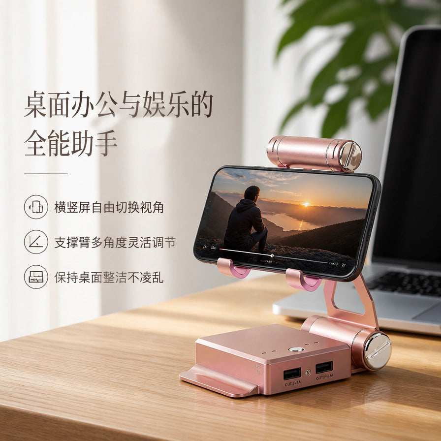 玫瑰金支架横屏观看视频场景，强调多角度灵活调节与保持桌面整洁的特点。