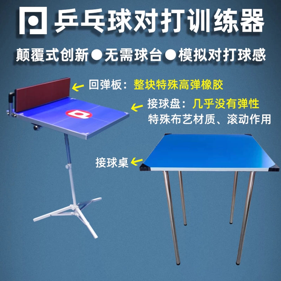 乒乓球对打训练器结构解析图，标注了回弹板、接球盘及接球桌的材质与功能特性。