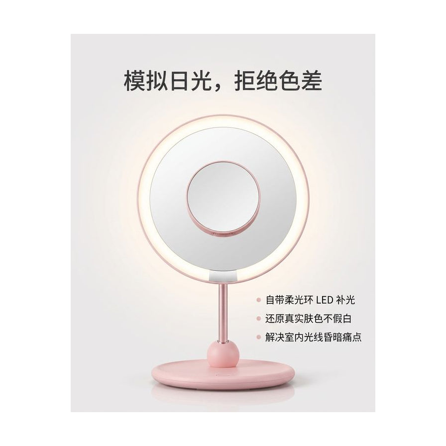 LED 化妆镜模拟日光效果示意图，配有中文卖点说明文字。