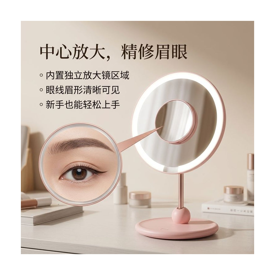 化妆镜中心放大镜功能特写，展示眼部妆容细节与中文功能介绍。