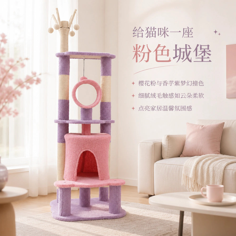 粉紫拼色猫爬架场景图，画面右侧有中文文案，展示客厅摆放效果