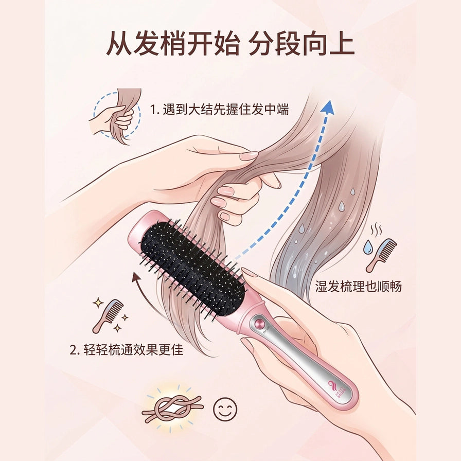 插画演示如何使用粉色震动梳从发梢开始分段梳理湿发。