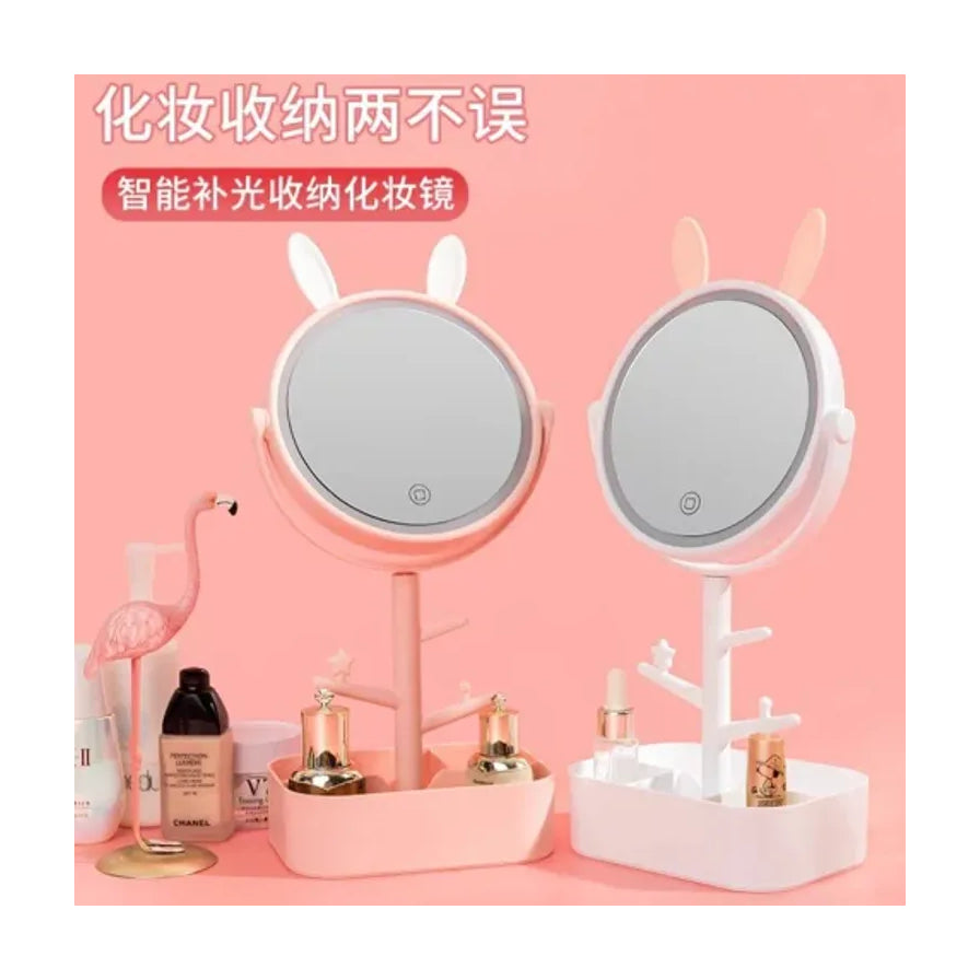 粉色与白色两款兔耳化妆镜场景展示图，配有中文宣传标题