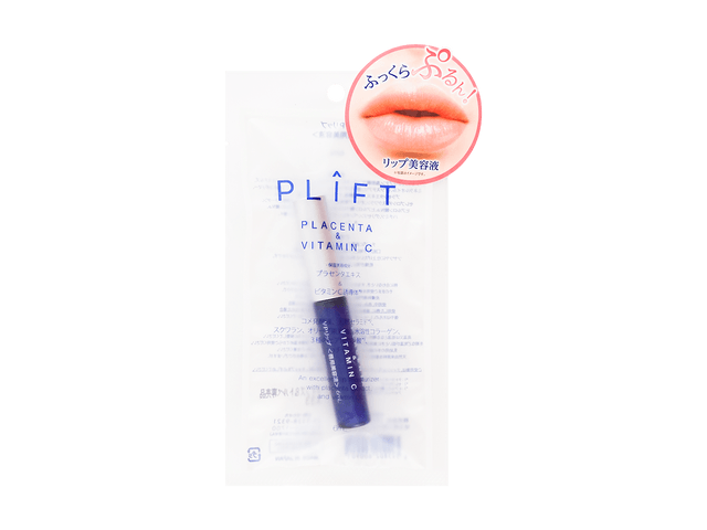 PLIFT 唇部精华包装背面展示，包含日文说明及右上角的嘴唇效果示意图。