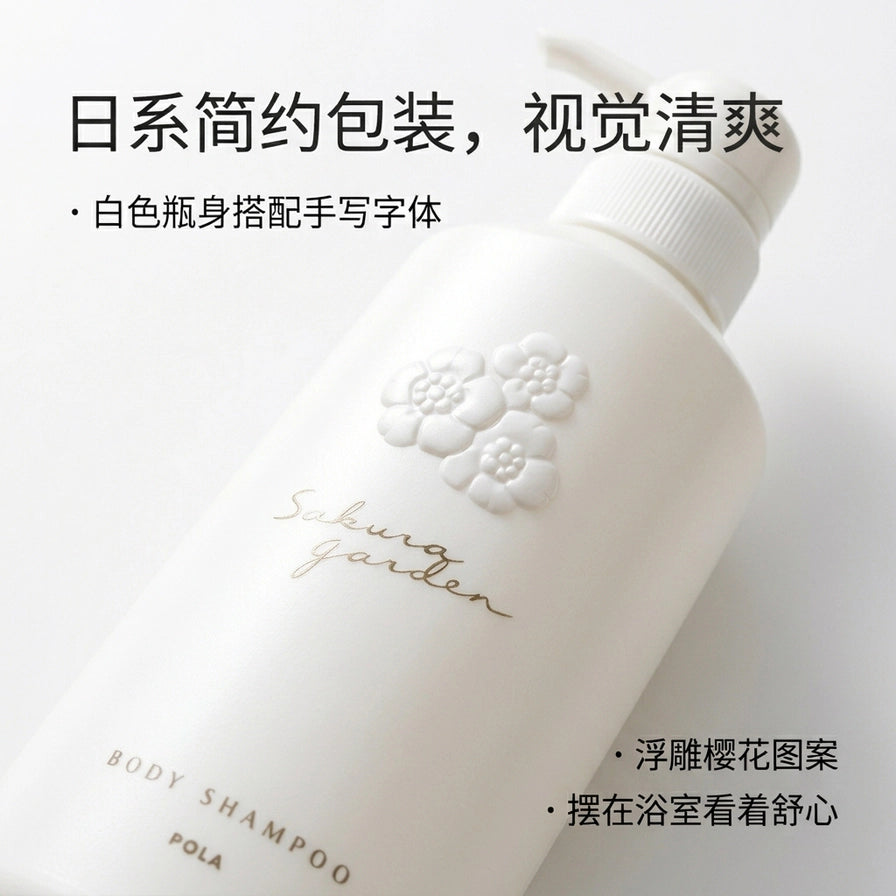 POLA 沐浴露瓶身特写，配有中文文案，突出日系简约包装设计与浮雕细节。