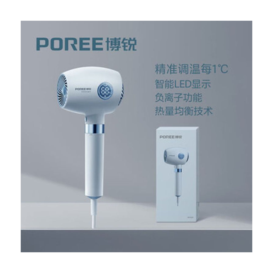 博锐电吹风筒与包装盒展示图，背景包含精准调温、智能 LED 显示等中文功能卖点说明。
